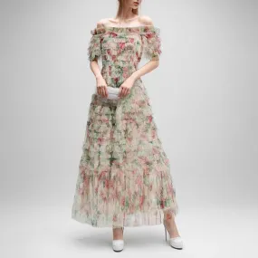 Womens Off The Shoulder Tulle Maxi Dress Chic Party Floral Event Dress