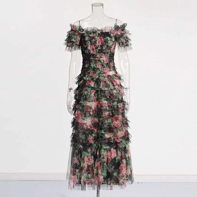 Womens Off The Shoulder Tulle Maxi Dress Chic Party Floral Event Dress