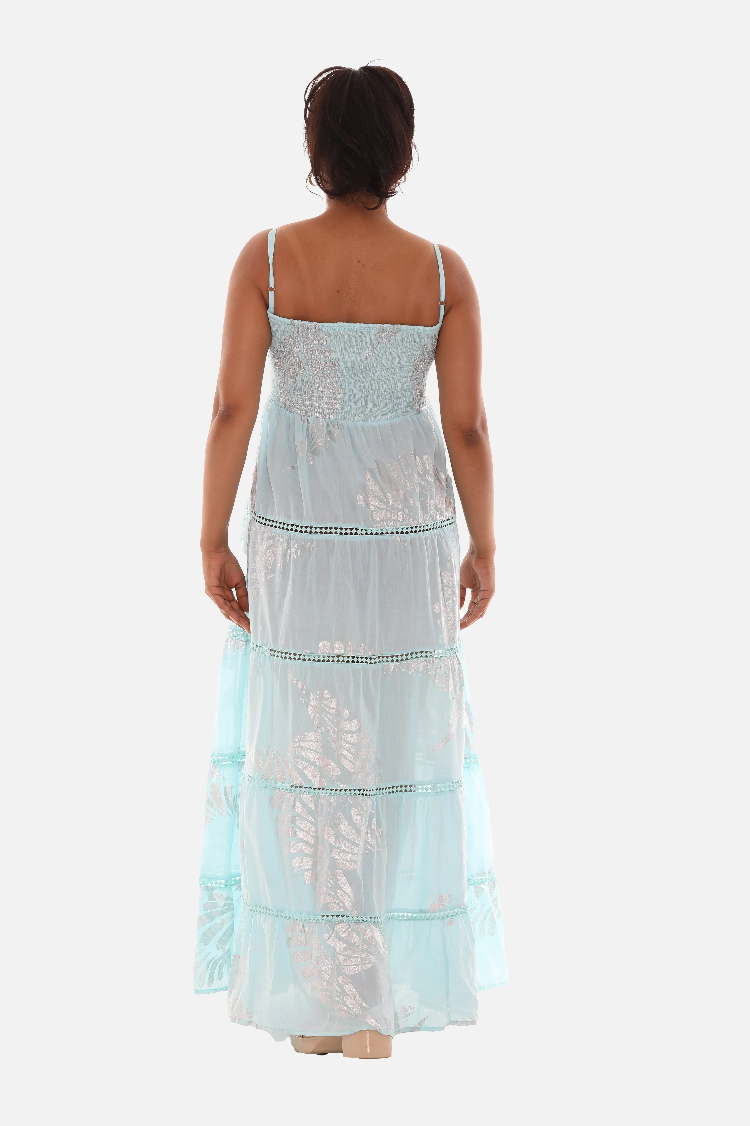 Women's Spagetti Long Dress With Block Leaf Print