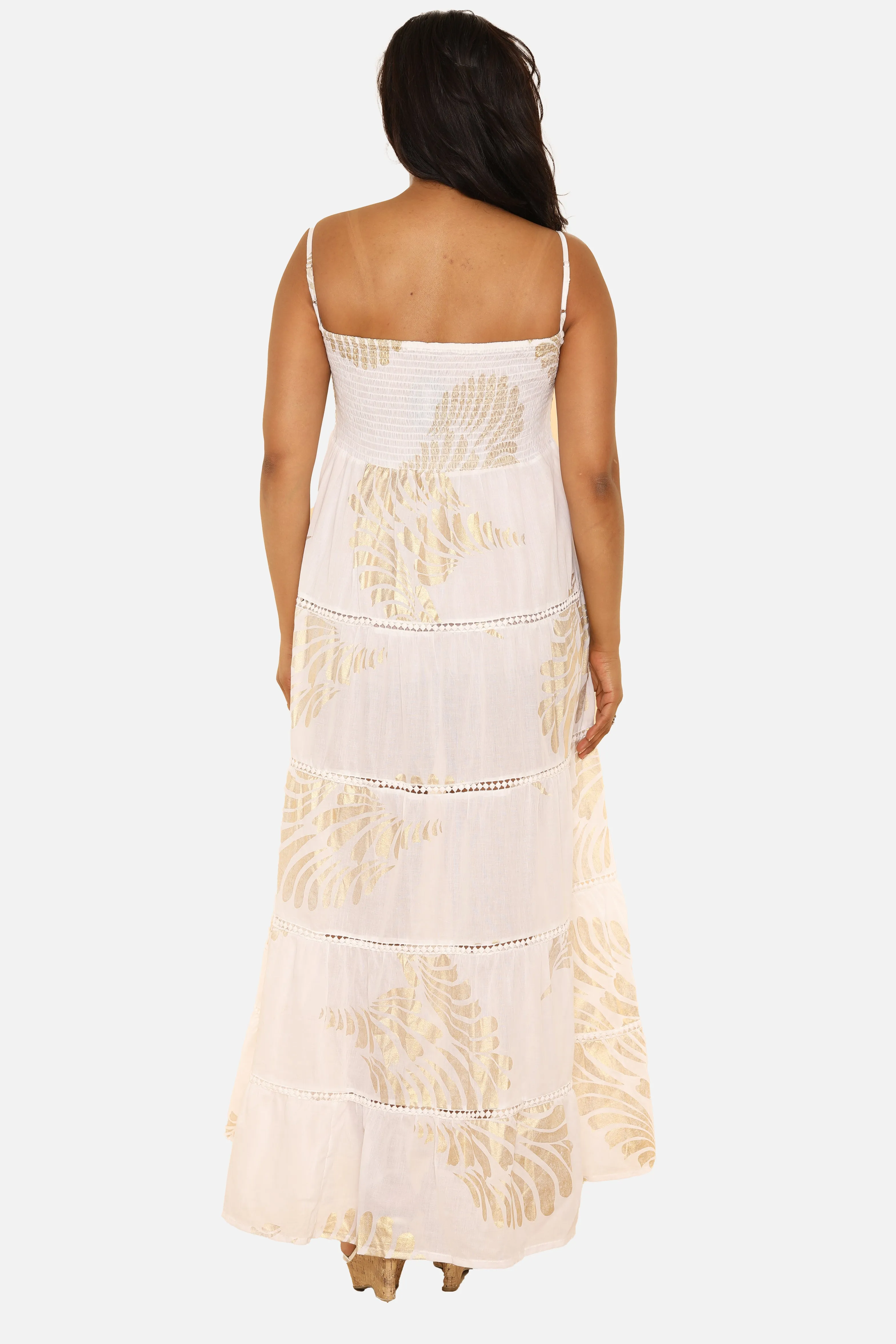 Women's Spagetti Long Dress With Block Leaf Print