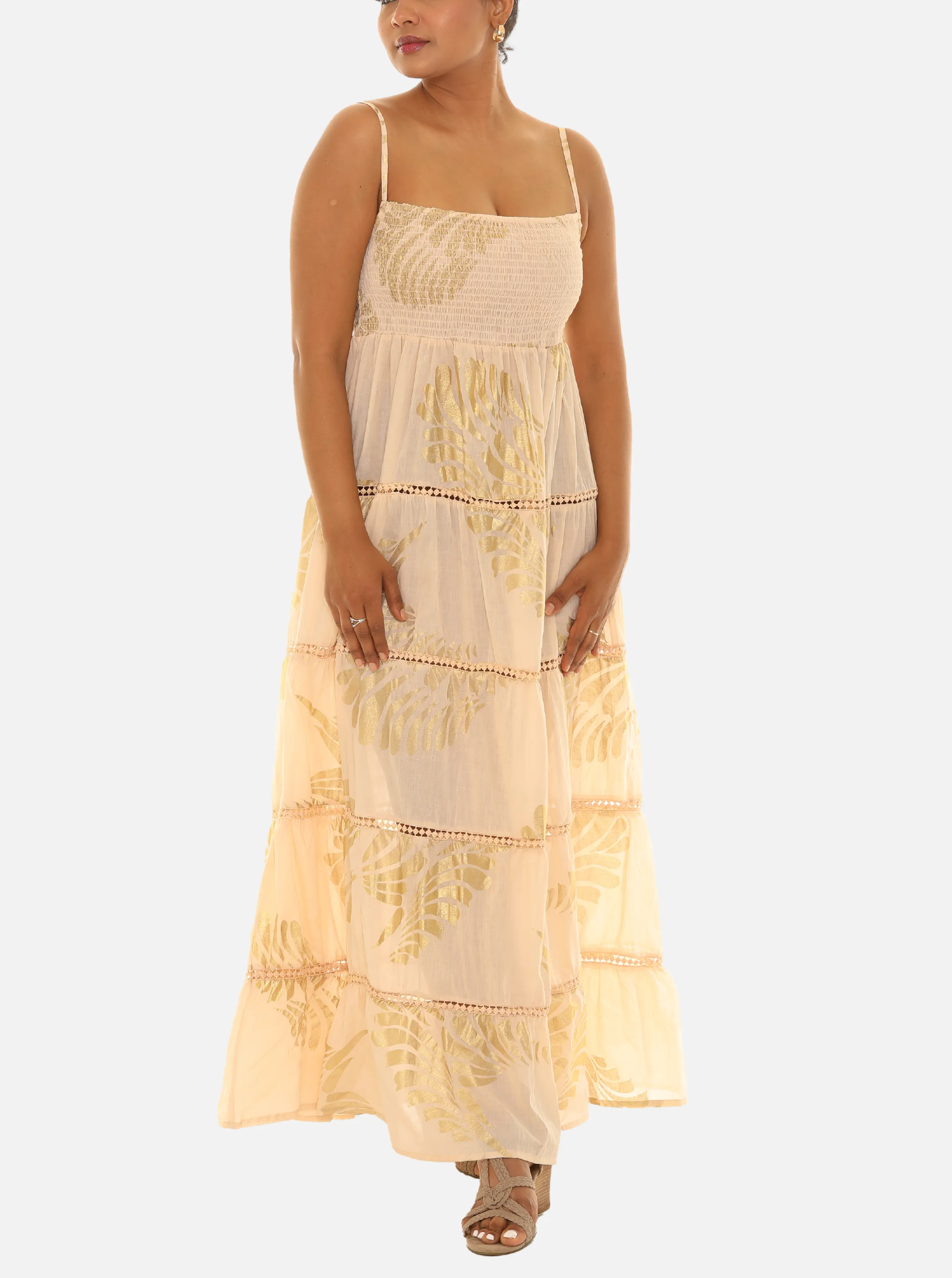 Women's Spagetti Long Dress With Block Leaf Print