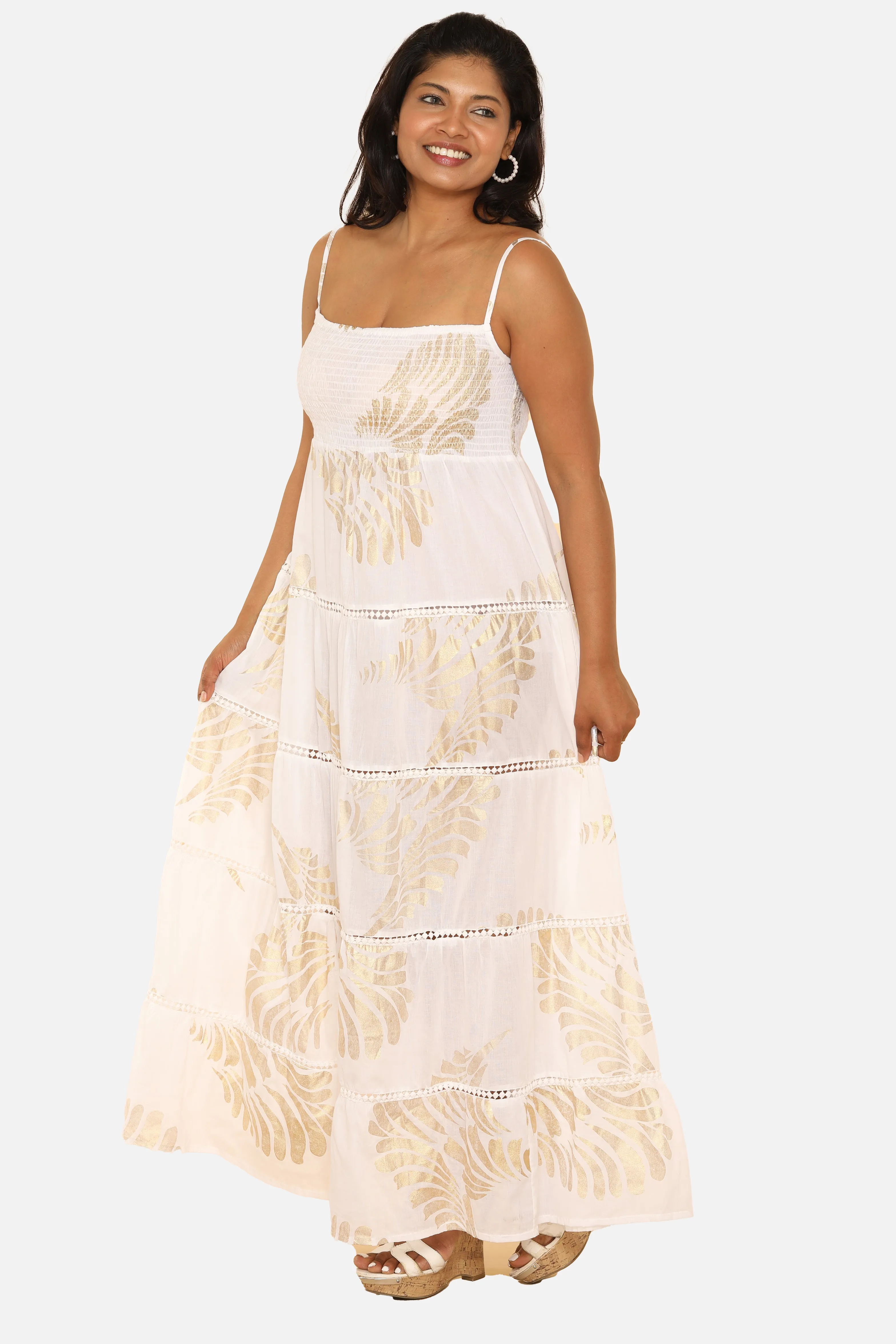 Women's Spagetti Long Dress With Block Leaf Print