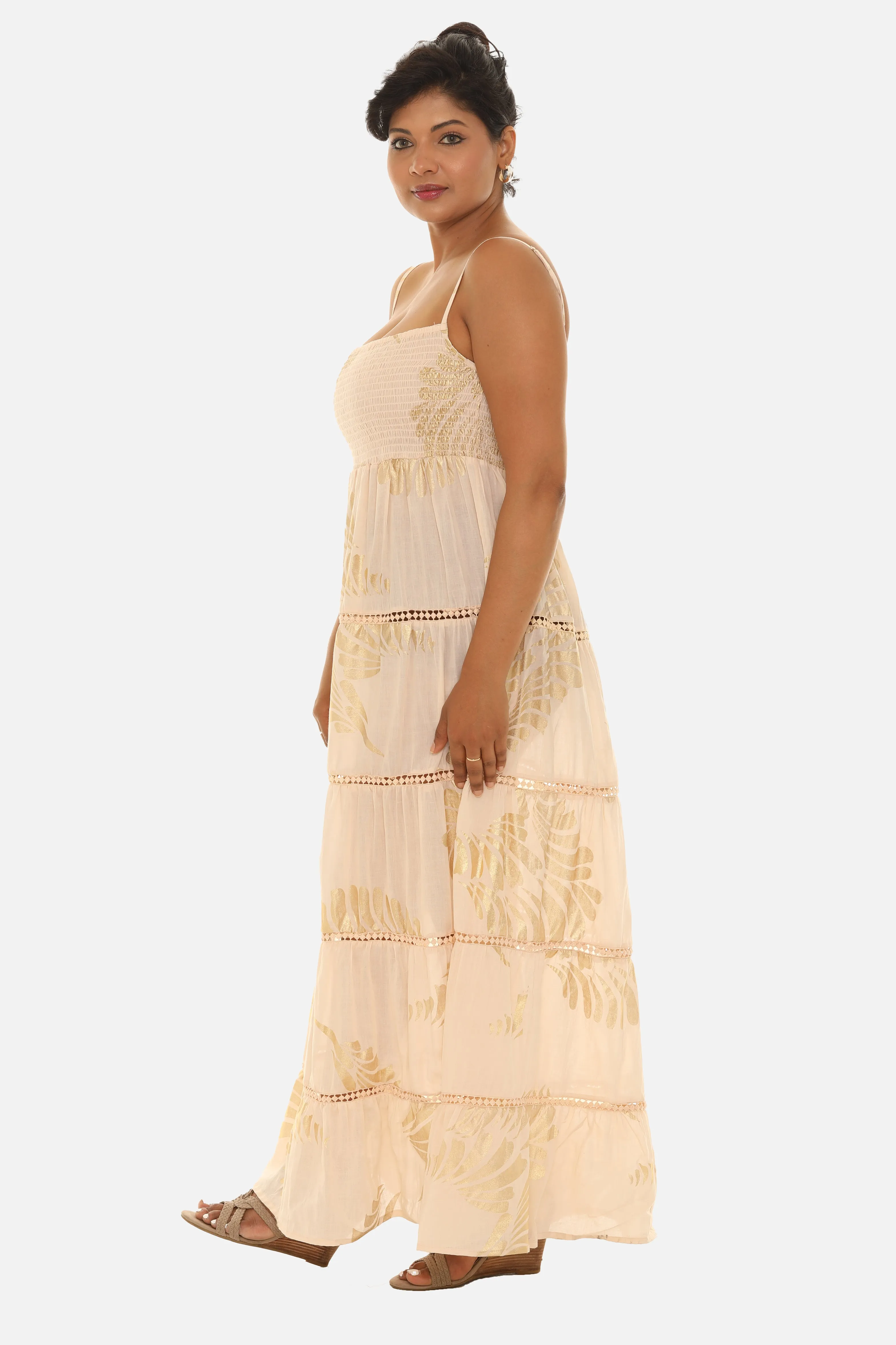 Women's Spagetti Long Dress With Block Leaf Print