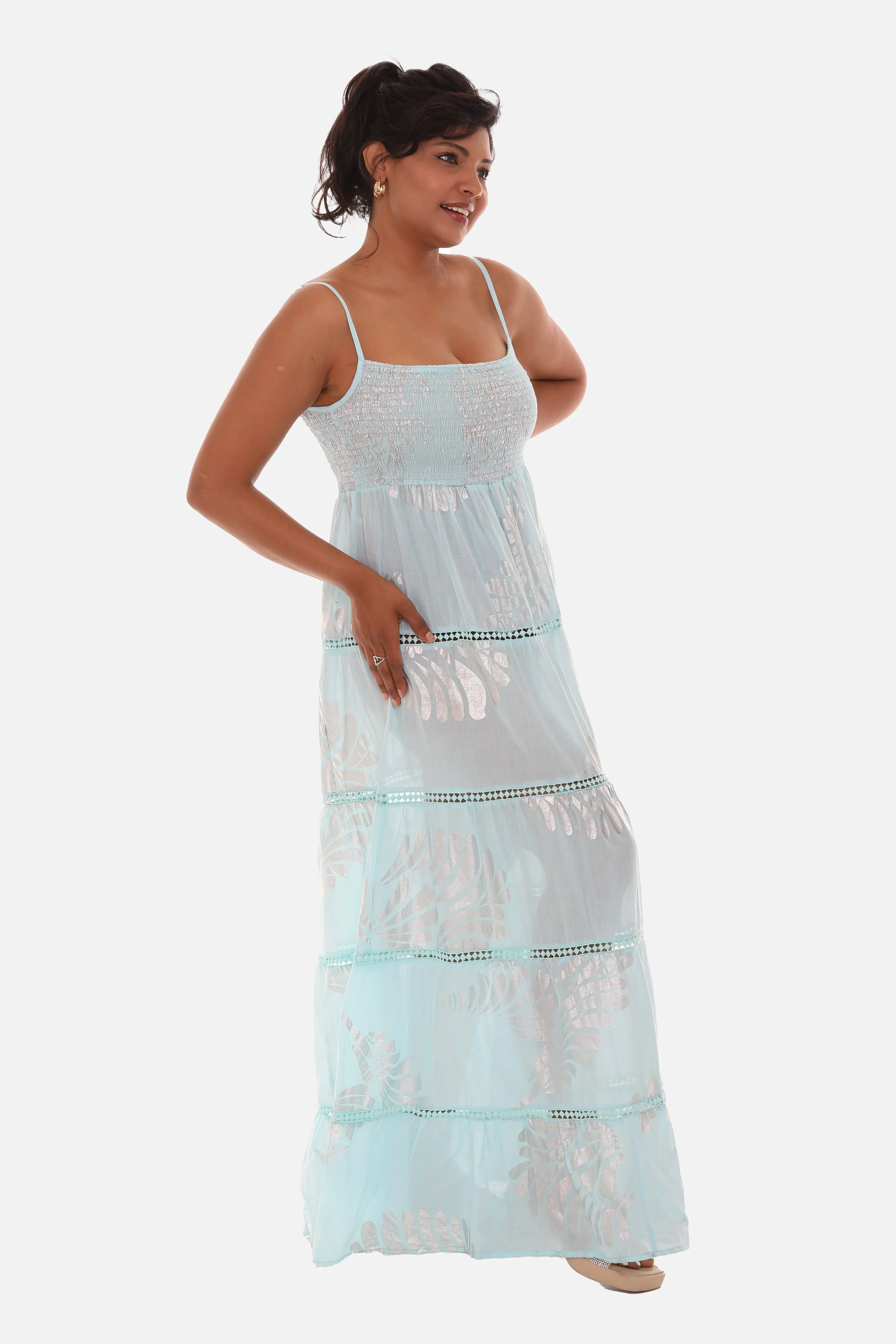 Women's Spagetti Long Dress With Block Leaf Print