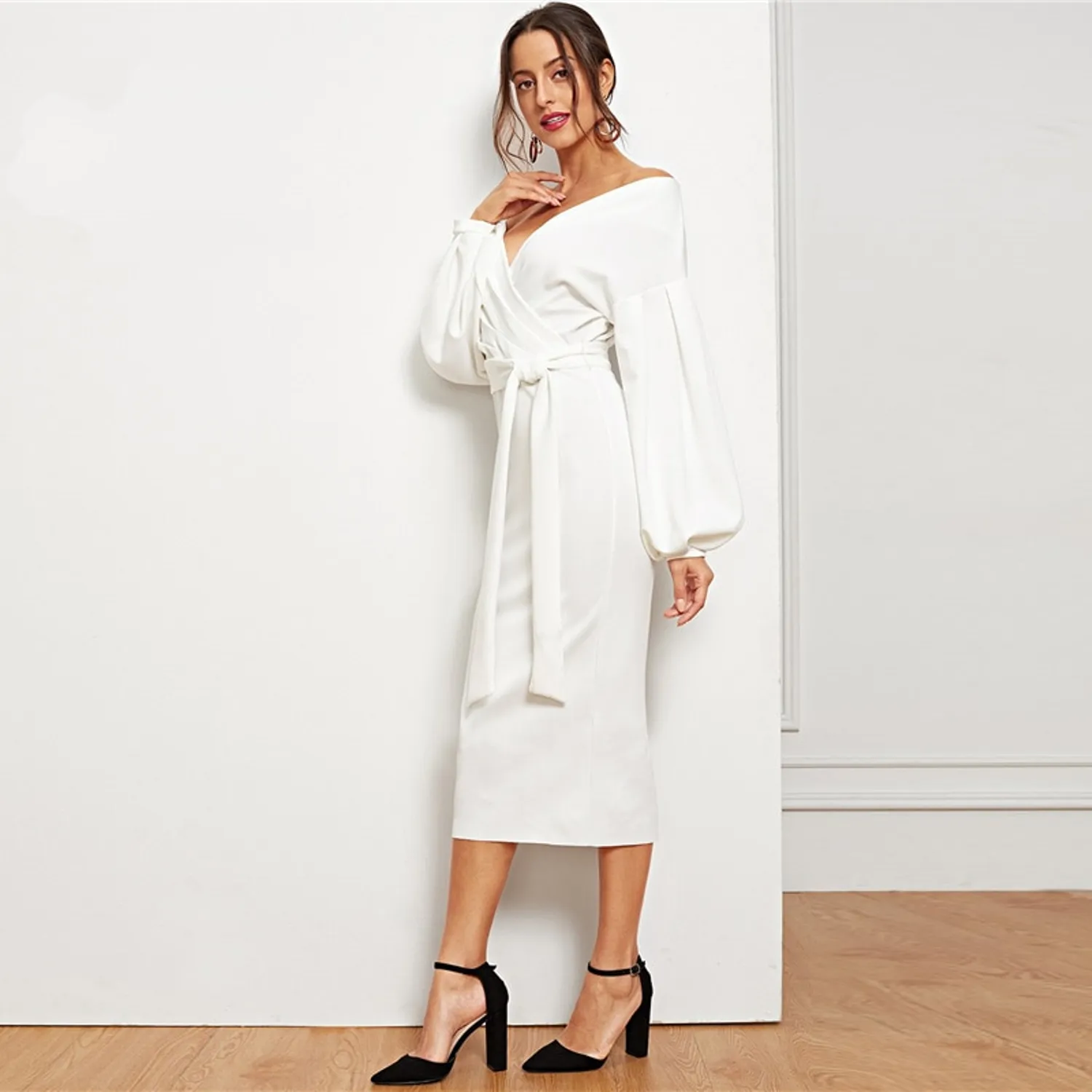 Women's Spring Casual Belted V-Neck Dress