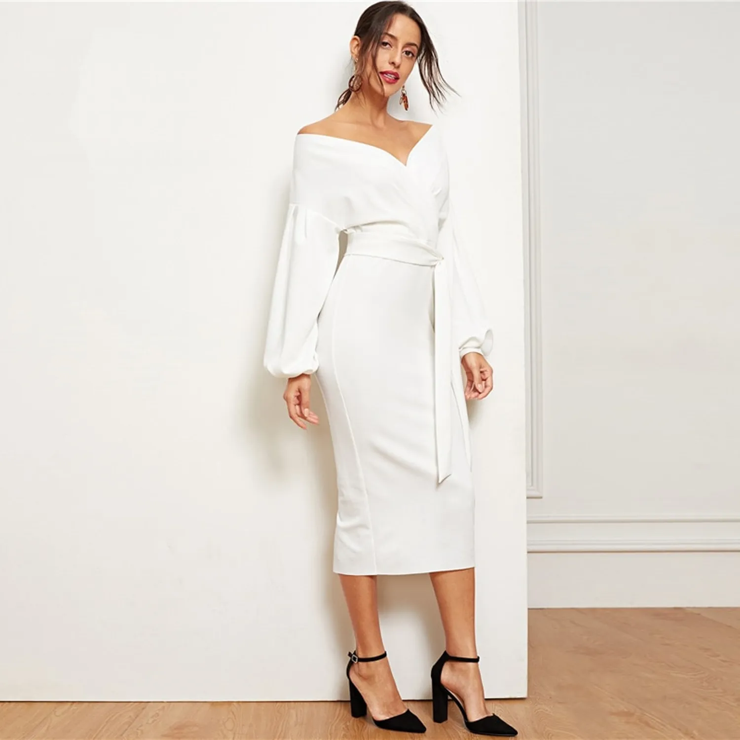 Women's Spring Casual Belted V-Neck Dress