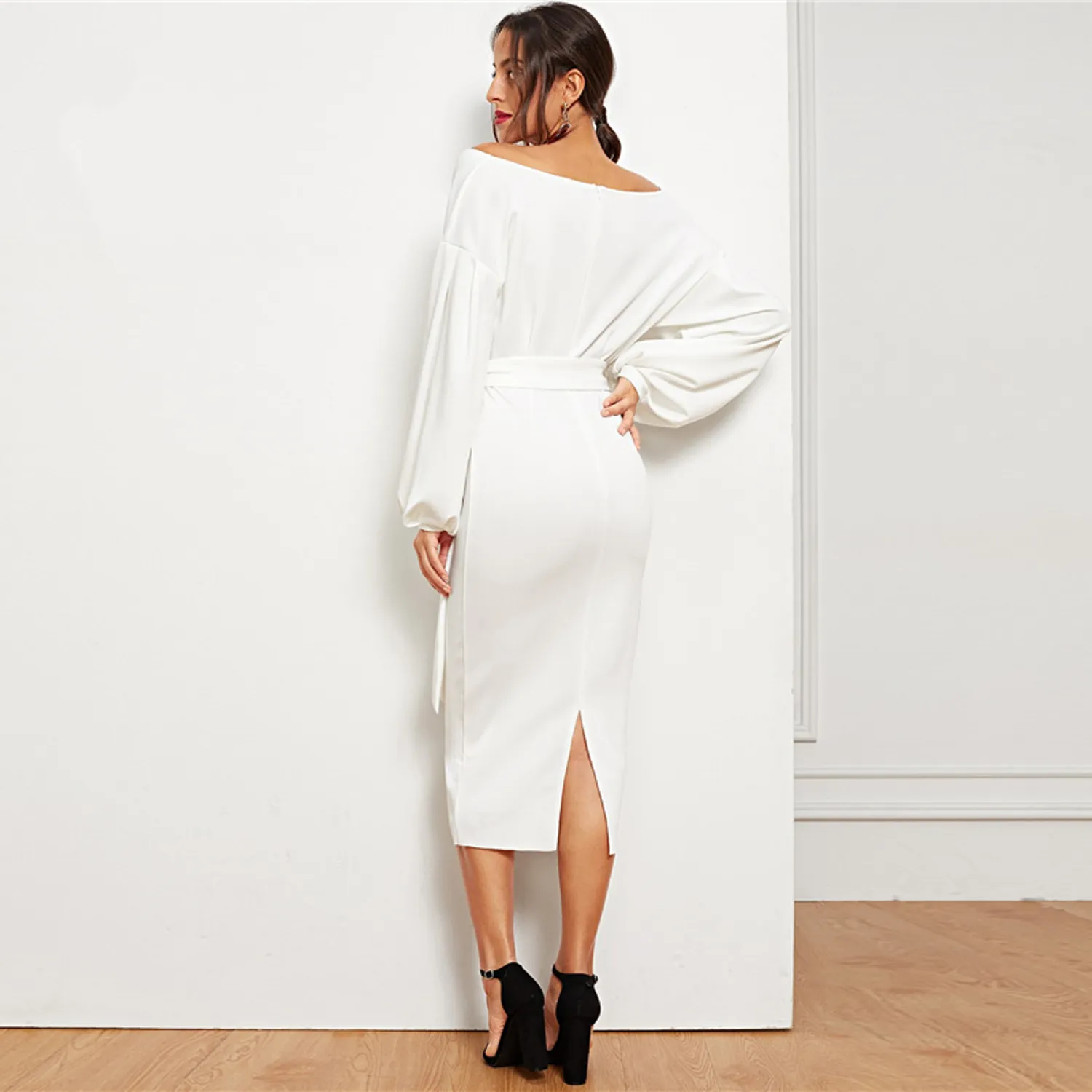 Women's Spring Casual Belted V-Neck Dress
