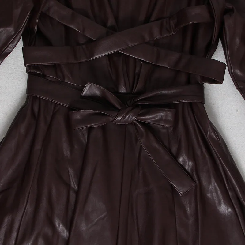 Women's Spring PU Leather Lace-Up High-Waist Long Dress