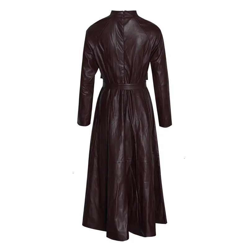 Women's Spring PU Leather Lace-Up High-Waist Long Dress