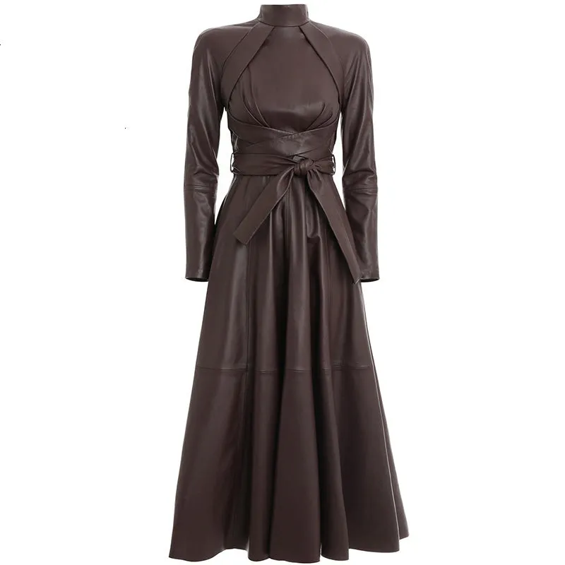 Women's Spring PU Leather Lace-Up High-Waist Long Dress
