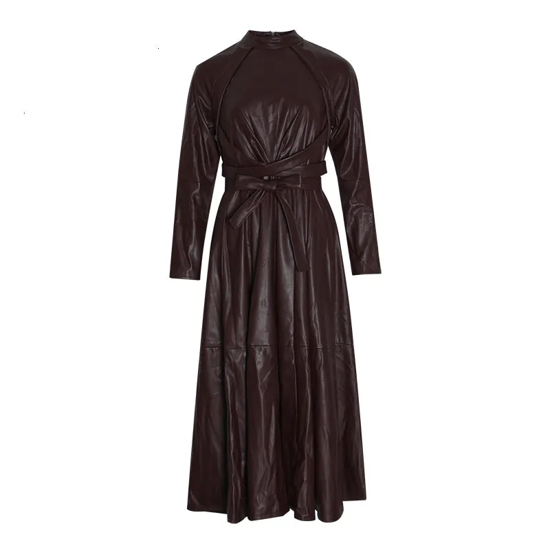 Women's Spring PU Leather Lace-Up High-Waist Long Dress