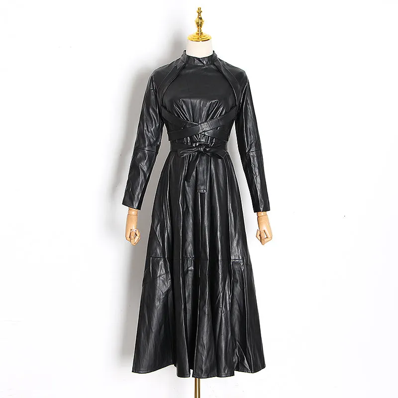 Women's Spring PU Leather Lace-Up High-Waist Long Dress