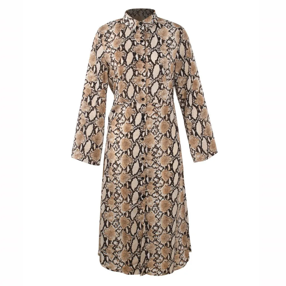 Women's Spring/Summer Chiffon Single-Breasted Long-Sleeved Maxi Dress With Snake Print
