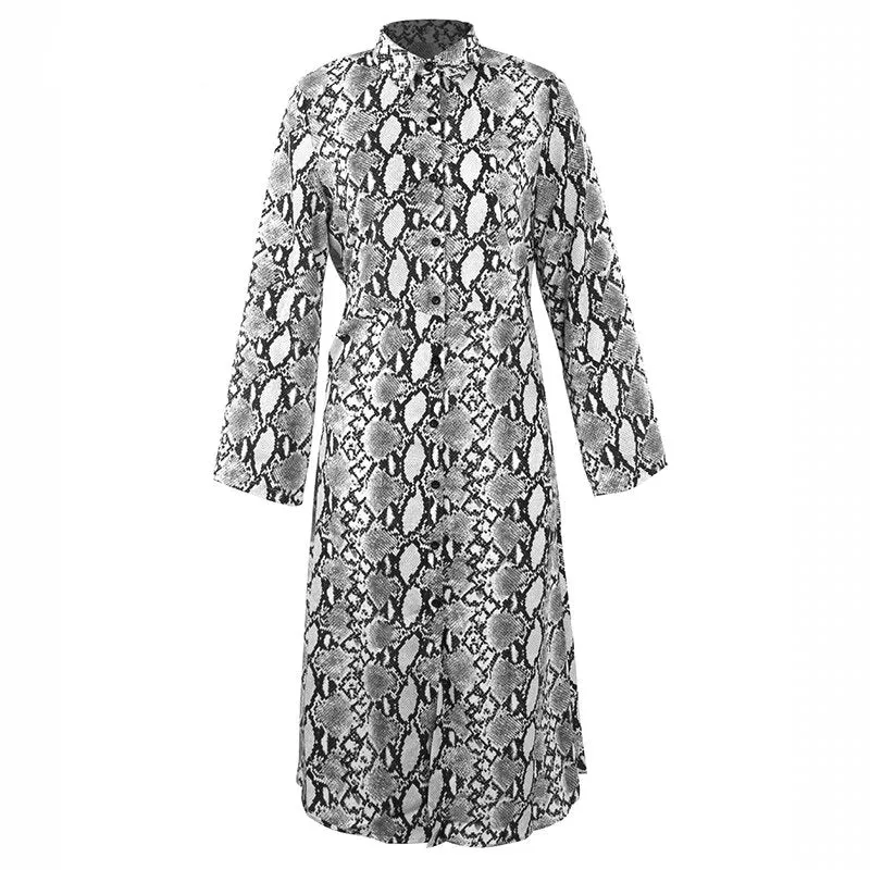 Women's Spring/Summer Chiffon Single-Breasted Long-Sleeved Maxi Dress With Snake Print