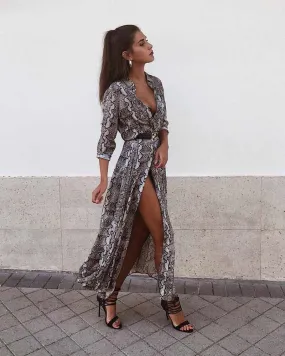 Women's Spring/Summer Chiffon Single-Breasted Long-Sleeved Maxi Dress With Snake Print