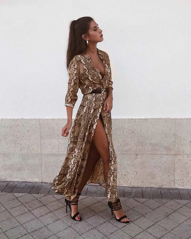 Women's Spring/Summer Chiffon Single-Breasted Long-Sleeved Maxi Dress With Snake Print