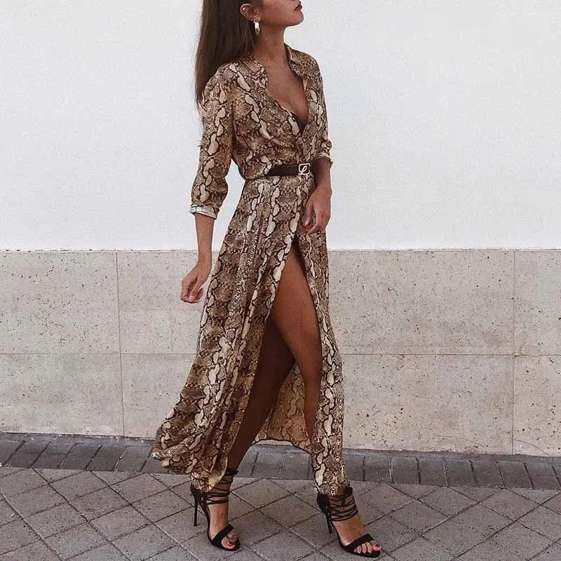 Women's Spring/Summer Chiffon Single-Breasted Long-Sleeved Maxi Dress With Snake Print