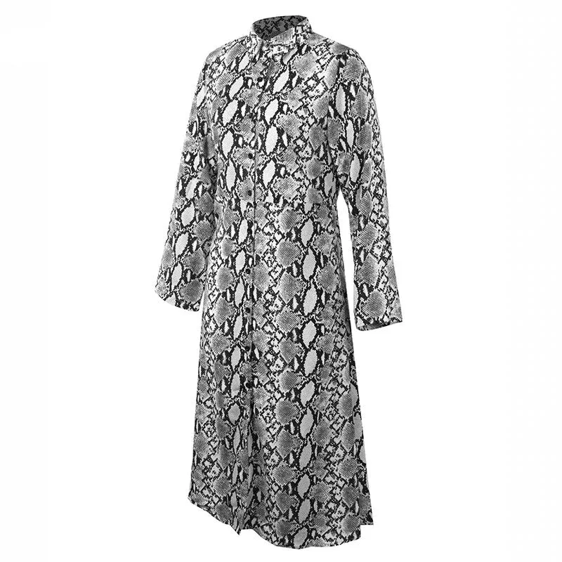 Women's Spring/Summer Chiffon Single-Breasted Long-Sleeved Maxi Dress With Snake Print