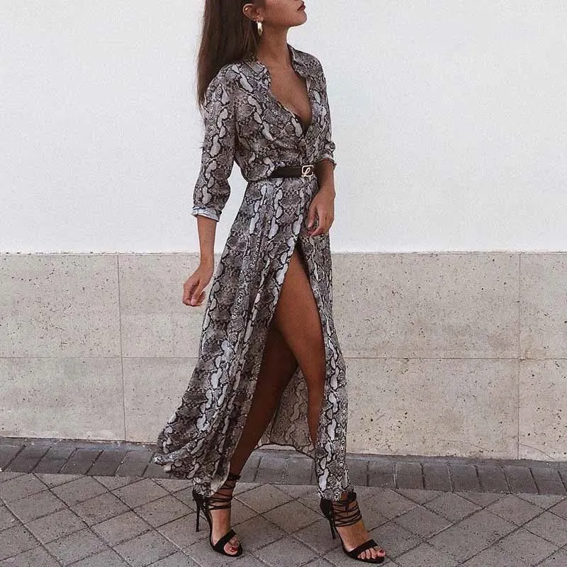Women's Spring/Summer Chiffon Single-Breasted Long-Sleeved Maxi Dress With Snake Print