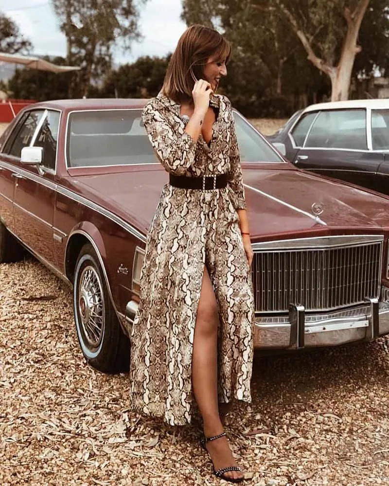 Women's Spring/Summer Chiffon Single-Breasted Long-Sleeved Maxi Dress With Snake Print