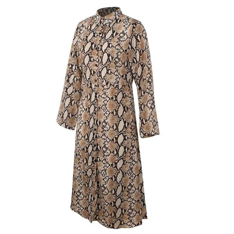 Women's Spring/Summer Chiffon Single-Breasted Long-Sleeved Maxi Dress With Snake Print