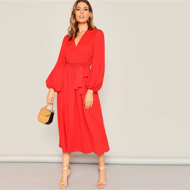 Women's Spring/Summer V-Neck Long-Sleeved Belted Dress
