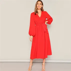 Women's Spring/Summer V-Neck Long-Sleeved Belted Dress