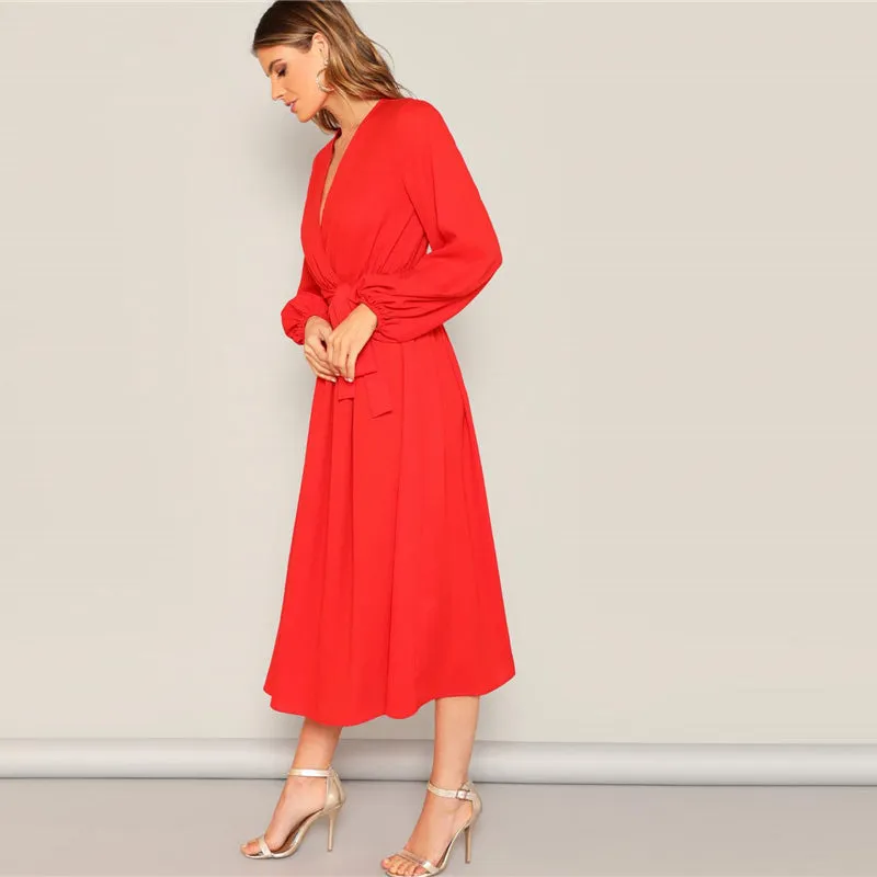 Women's Spring/Summer V-Neck Long-Sleeved Belted Dress