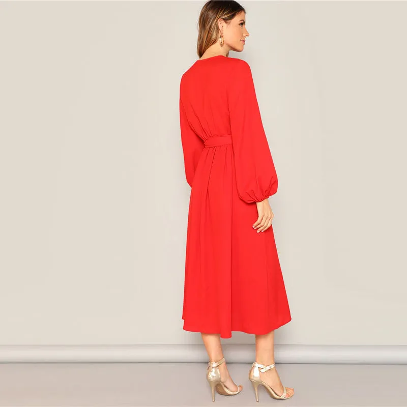 Women's Spring/Summer V-Neck Long-Sleeved Belted Dress