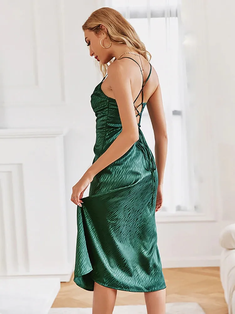 Women's Summer A-line Strap Backless Lace Up Midi Dress