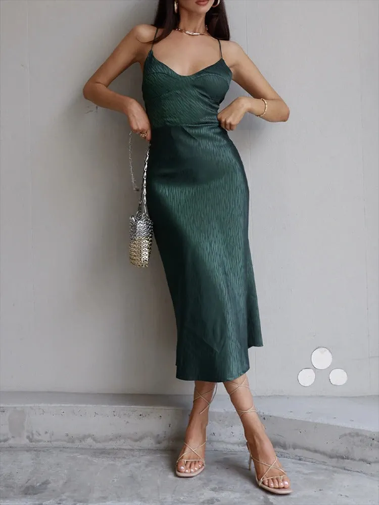 Women's Summer A-line Strap Backless Lace Up Midi Dress