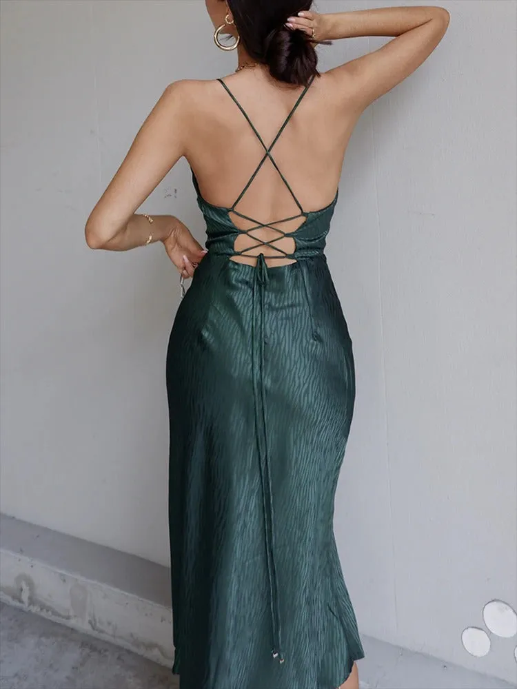 Women's Summer A-line Strap Backless Lace Up Midi Dress