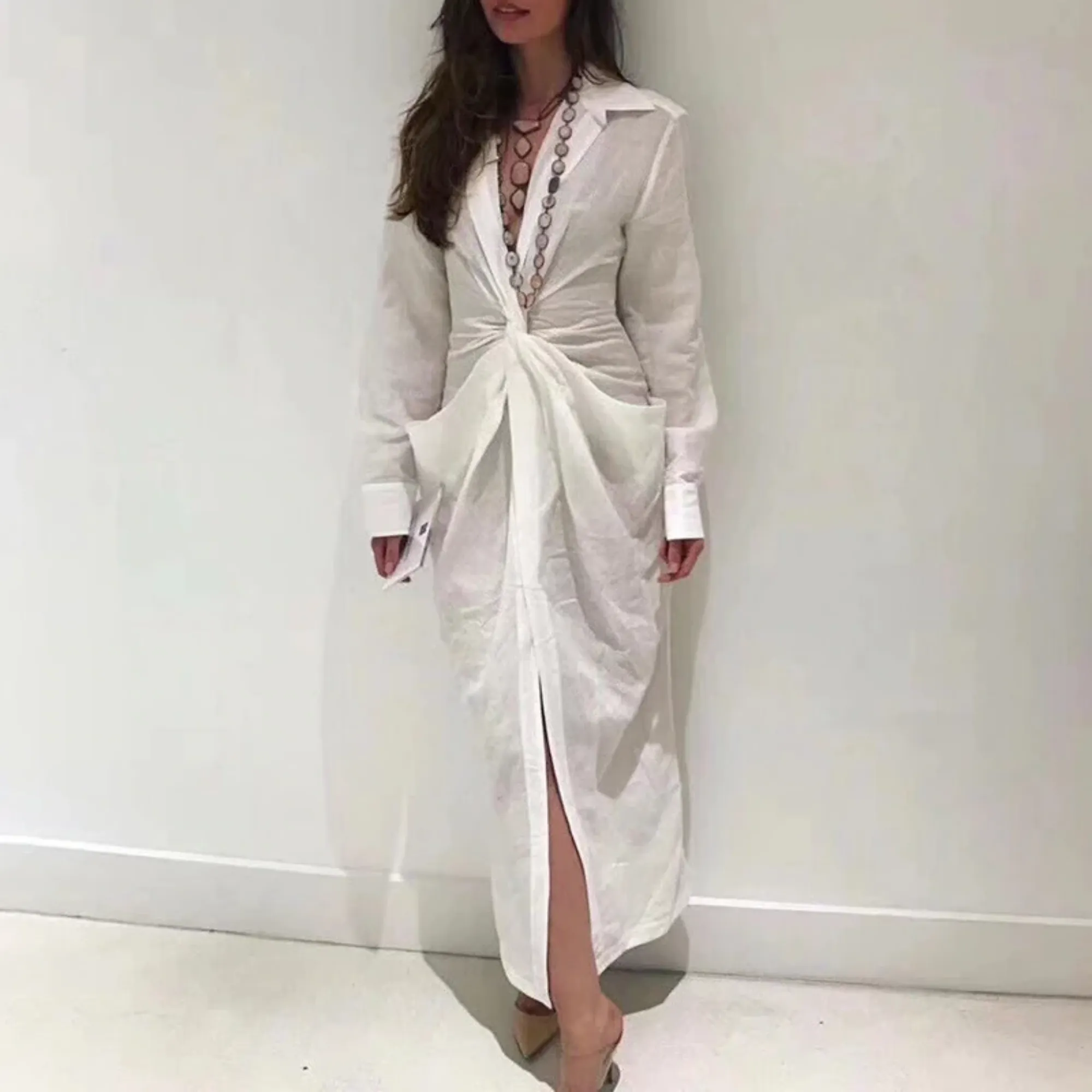 Women's Summer V-Neck Long-Sleeved High-Waist Dress