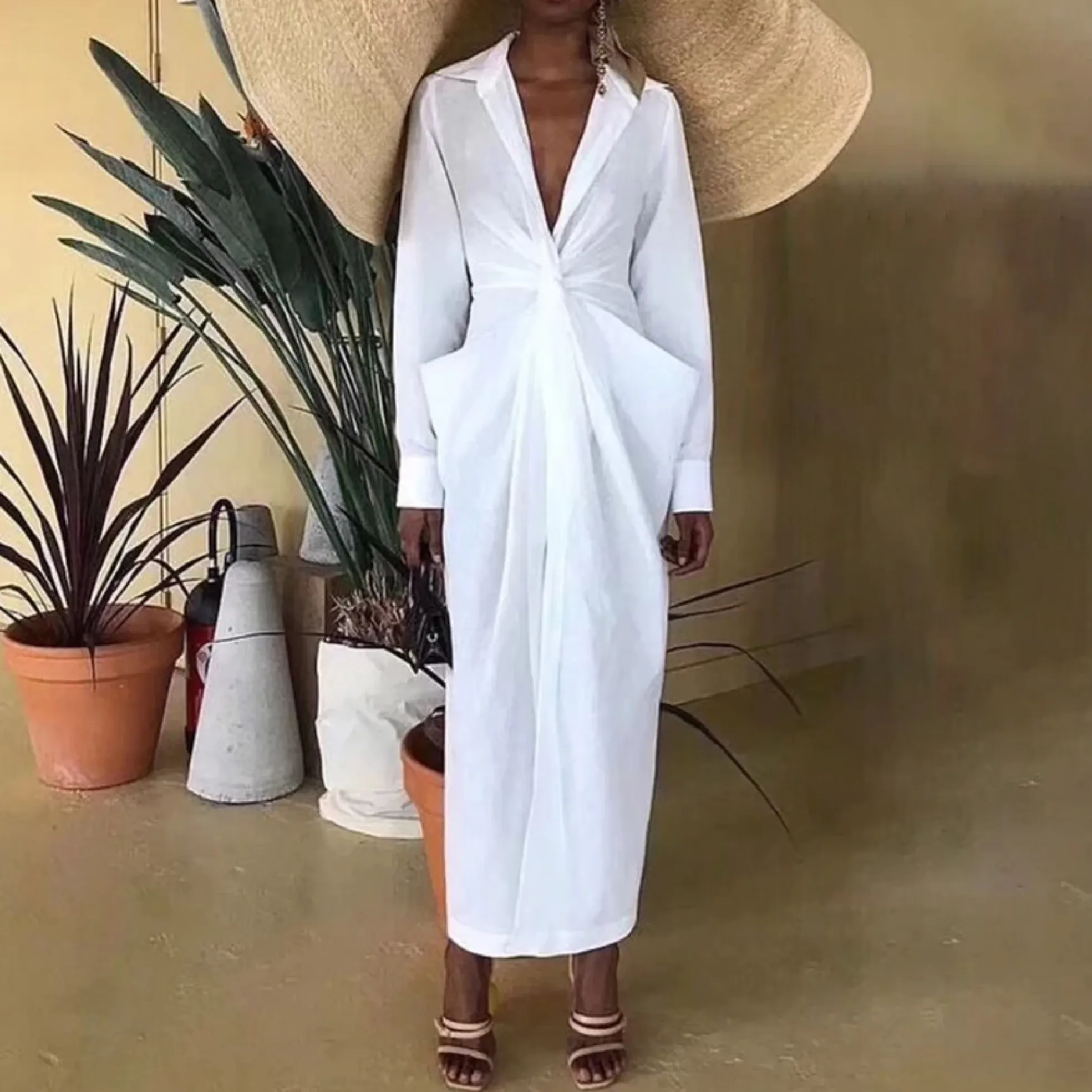 Women's Summer V-Neck Long-Sleeved High-Waist Dress
