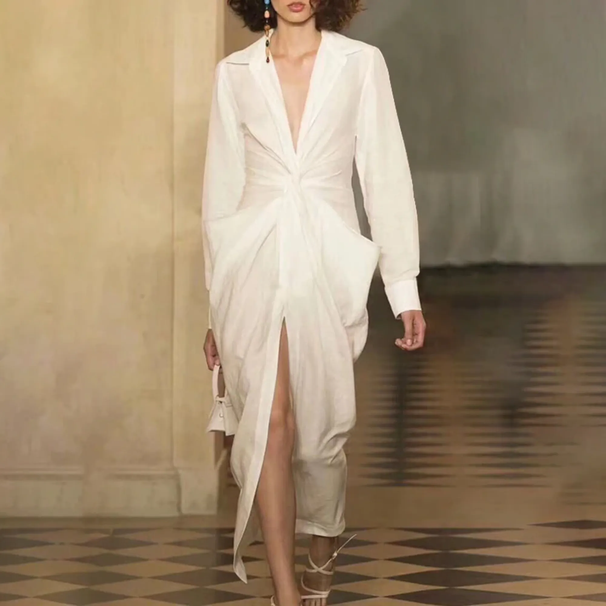 Women's Summer V-Neck Long-Sleeved High-Waist Dress