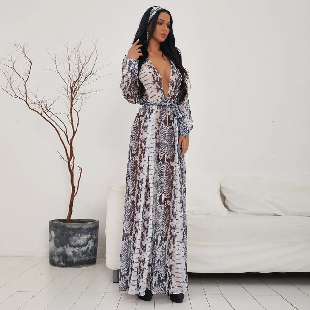 Women's V-Neck Long-Sleeve Floor-Length Dress